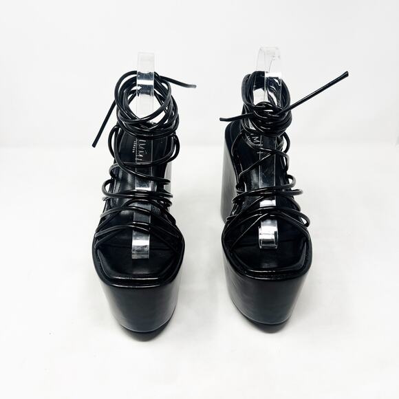 [Dolls Kill] SIMMI London Black Faux Leather Nolia Lace Up Platform Wedges Sz 6 - Picture 5 of 10